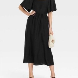 A New Day Flutter Sleeve Tie Back Square Neck Midi Dress Black with pockets Xl